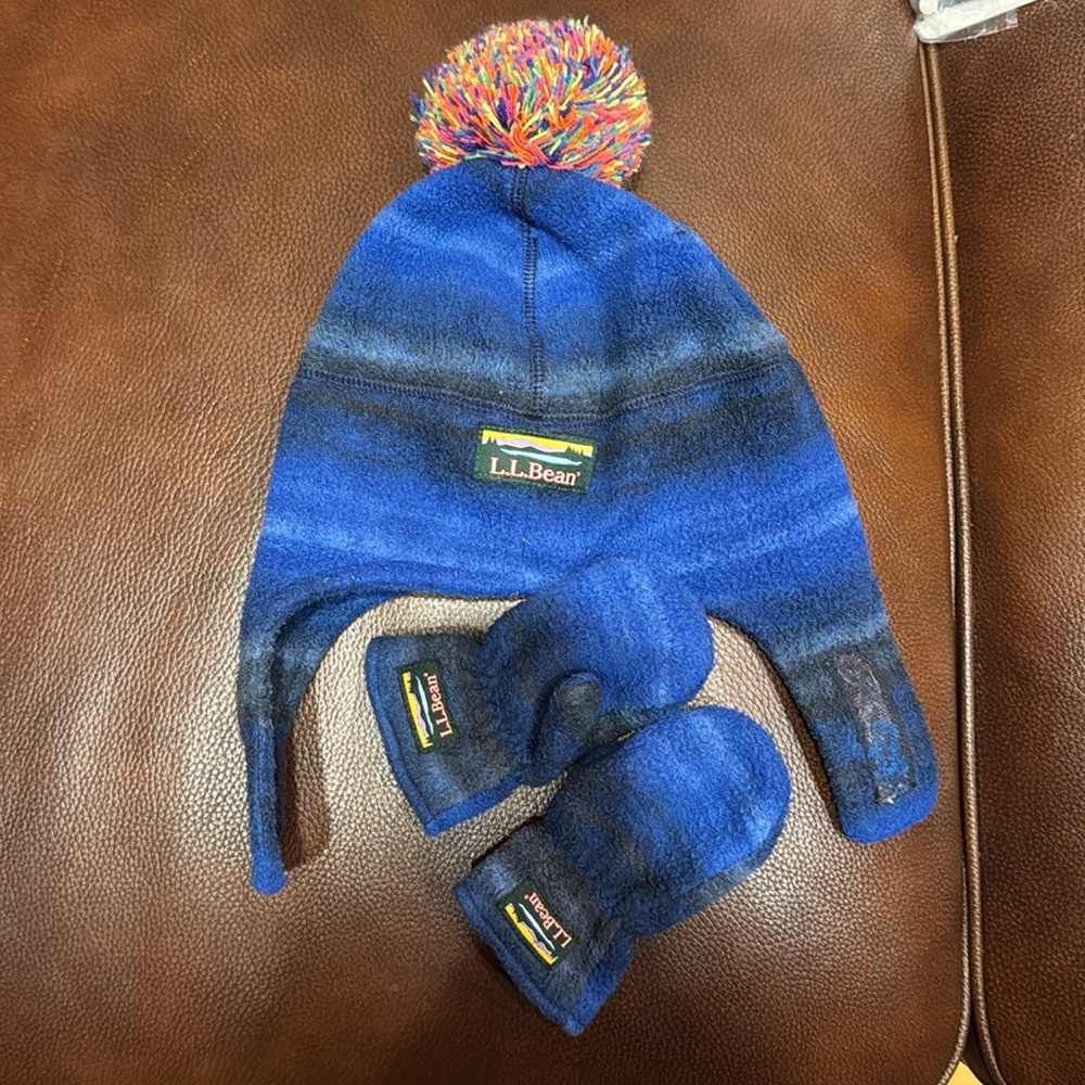 L.L. Bean Kids Blue Fleece Hat and matching gloves-12-24 months